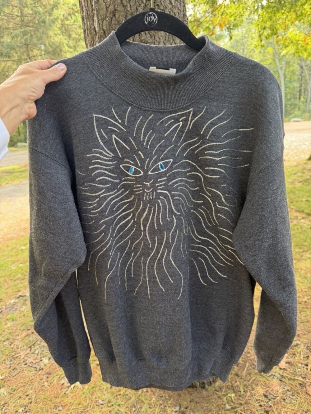 Vintage 80s Lee gray mockneck glitter CAT glam graphic sweatshirt L beaded